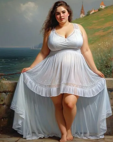 girl in a long dress,white dress,chubby,bbw,young girl,Baroque,Art,Classical Oil Painting,Classical Oil Painting 13