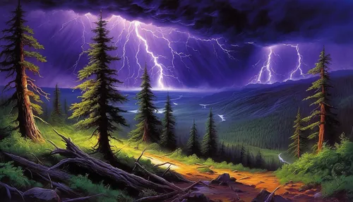 lightning storm,lightning strike,purple landscape,thunderstorm,lightning bolt,forest landscape,fantasy picture,forest background,landscape background,coniferous forest,nature's wrath,lightening,lightning,temperate coniferous forest,fantasy landscape,mountain scene,nature landscape,thunderclouds,spruce forest,mountain landscape,Illustration,Realistic Fantasy,Realistic Fantasy 32