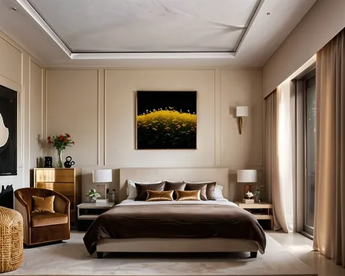 a clean bedroom with one couch, two chairs, an art work on the wall and two large windows,fromental,chambre,stucco ceiling,amanresorts,guest room,gournay