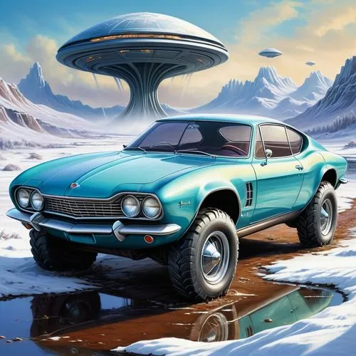 ford maverick,muscle car cartoon,moon car,retro vehicle,illustration of a car,3d car wallpaper,thunderbird,studebaker avanti,ford xb falcon,ice planet,chevrolet corvette,ford pinto,extraterrestrial life,mercury cyclone,futuristic car,pontiac ventura,ford torino,corvette,lotus europa,sci fiction illustration,Conceptual Art,Fantasy,Fantasy 30