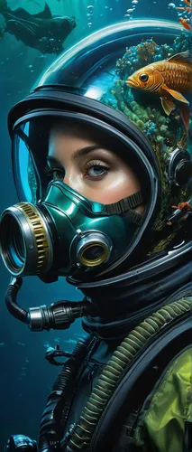 Hyperrealism, An alien in a diving suit and helmet under water with a fish in her mouth and a scuba mask on, perfect eyes, cyberpunk art, fantasy art, highly detailed digital painting, Bastien L. Deha