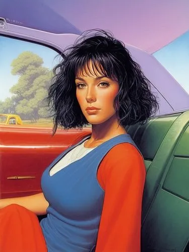 a lady in a red car with her hand on the passenger seat,woman in the car,retro woman,muscle car cartoon,palmiotti,struzan,vettriano,Conceptual Art,Sci-Fi,Sci-Fi 21