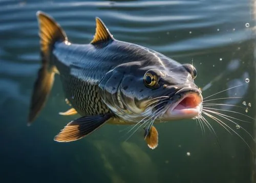 catfish swimming in a clear, sunlit canal, Small ripples and bubbles form as the fish glides gracefully through the water.,tigerfish,common carp,archerfish,piranha,cichlid,mahseer,fish in water,beauti