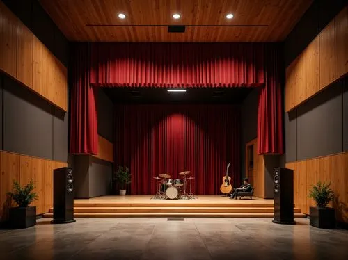 Intimate music venue, warm wooden accents, sound-absorbing panels, strategically placed speakers, elevated stage, crimson curtains, dimmable LED lighting, polished concrete floors, sleek minimalist de