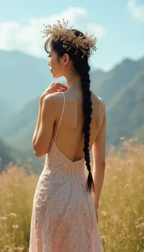 eadweard,girl in a long dress from the back,cocorosie,countrywoman,shepherdess,meadow