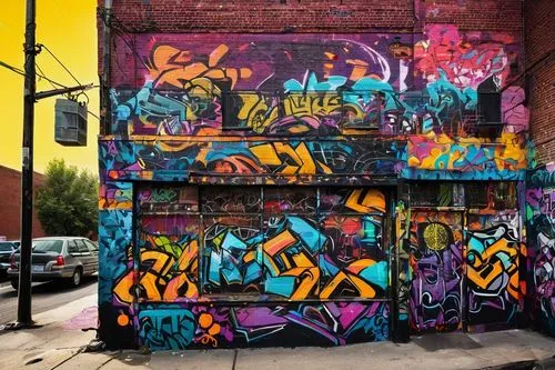 Graffiti-covered urban building, hip-hop inspired, vibrant colors, bold typography, metallic accents, intricate details, dynamic shapes, abstract murals, street art, cityscape, night scene, neon light