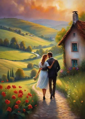 romantic scene,landscape background,home landscape,loving couple sunrise,shepherd romance,young couple,idyll,romantic portrait,oil painting on canvas,meadow landscape,art painting,love in the mist,romantic,farm background,dancing couple,love in air,springtime background,land love,way of the roses,oil painting,Conceptual Art,Daily,Daily 32