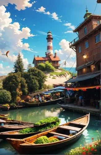 house,a river filled with lots of boats under a sky,popeye village,kitezh,shanghai disney,oktoberfest background,seaside resort,novigrad