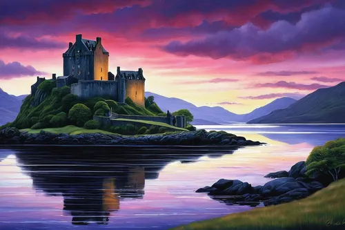 eilean donan castle,castle bran,eilean donan,scotland,ruined castle,water castle,castle of the corvin,castles,castel,scottish highlands,knight's castle,isle of skye,scottish folly,purple landscape,castle,fairytale castle,fantasy landscape,camelot,fantasy picture,medieval castle,Illustration,Abstract Fantasy,Abstract Fantasy 03