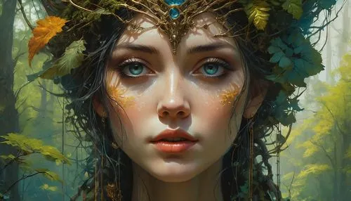 dryad,faerie,fantasy portrait,faery,mystical portrait of a girl,fantasy art,the enchantress,elven,fae,world digital painting,elven forest,flora,faun,elven flower,fairy queen,natura,fantasy woman,fantasy picture,priestess,girl in a wreath,Photography,General,Cinematic