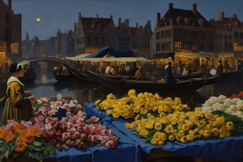 delft,flemish,hyacinths,florists,flower cart,yellow tulips,canals,grand canal,vincent van gough,the netherlands,holland,regatta,netherlands,tulips,amsterdam,carl svante hallbeck,dongfang meiren,flowers in basket,flower painting,still life of spring,Art,Classical Oil Painting,Classical Oil Painting 07