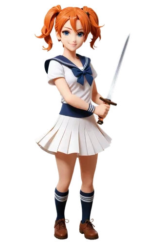 Ora, anime girl, solo, (18yo), beautiful detailed eyes, bright orange hair, ponytail, cute nose, sweet smile, white skin, sailor suit, short pleated skirt, black socks, brown shoes, holding a sword, h