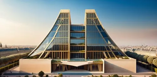 ADD VDERTICAL GARDEN 
,a tall triangular shaped building next to a park,futuristic architecture,vinoly,glass pyramid,koolhaas,chile house,kimmelman,Photography,General,Realistic