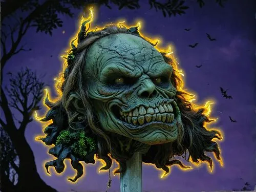 A shrunken head Halloween decoration,a scarecrow head on top of a tall pole,creepshow,pumpkinhead,death's head,death head,nightbreed,skeletor,Illustration,Realistic Fantasy,Realistic Fantasy 06