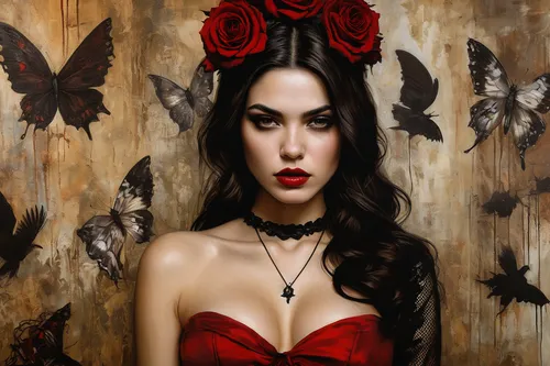 Imagine Natalia Alcocer exploring a haunted house. Describe her emotions and encounters.,red butterfly,gothic woman,queen of hearts,vampire woman,dark angel,cupido (butterfly),vampire lady,red rose,re