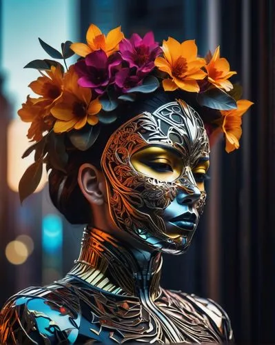 oshun,afrofuturism,baoshun,flowerhead,neon body painting,masquerade,flowerheads,girl in a wreath,headdress,efik,flower hat,flora,african woman,headpiece,afrotropical,afrocentrism,bodypaint,crown marigold,golden crown,adornment,Photography,Artistic Photography,Artistic Photography 08