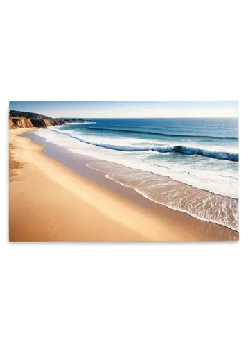 Calming sea, blue ocean, wave movement, sunlight reflection, foam, sandy beach, rocky shore, horizon line, panoramic view, wide-angle lens, soft focus, warm color tone, serene atmosphere, gentle light