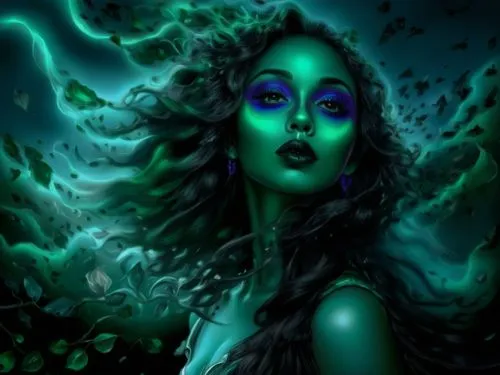 nude Beautiful nigerian girl, full dark curly hair, big green almond eyes, full black lips, misty sky,a digital painting with green eyes and flowing hair,bioluminescent,fathom,seelie,leota,enchantress