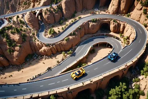 steep mountain pass,radiator springs racers,hairpins,racing road,mountain highway,winding roads,Photography,General,Realistic