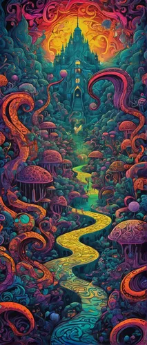 psychedelic art,mushroom landscape,acid lake,kaleidoscope,lagoon,psychedelic,kaleidoscopic,the mystical path,mushroom island,temples,astral traveler,trip computer,mantra om,dimensional,flow of time,aura,vortex,wishing well,pachamama,colorful spiral,Illustration,Realistic Fantasy,Realistic Fantasy 39