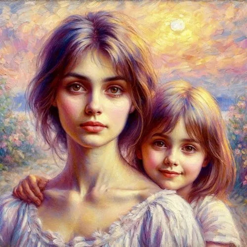 little girl and mother,mother and daughter,mom and daughter,children girls,two girls,mother with child,young women,capricorn mother and child,oil painting,little girls,oil painting on canvas,mother and child,child portrait,mother's,emile vernon,children,mother with children,romantic portrait,fantasy portrait,little angels