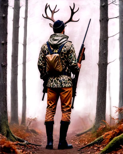 Male deer hunter, standing pose, strong physique, camouflage clothing, hood up, rifle slung over shoulder, backpack, boots, forest background hinted, misty atmosphere, low-key lighting, 3/4 compositio