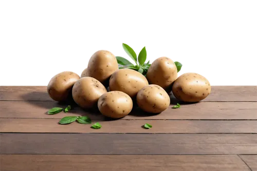 Brown potatoes, rounded shape, smooth skin, green leaves, earthy smell, rustic texture, scattered on wooden table, warm lighting, shallow depth of field, 3/4 composition, cinematic color tone, realist