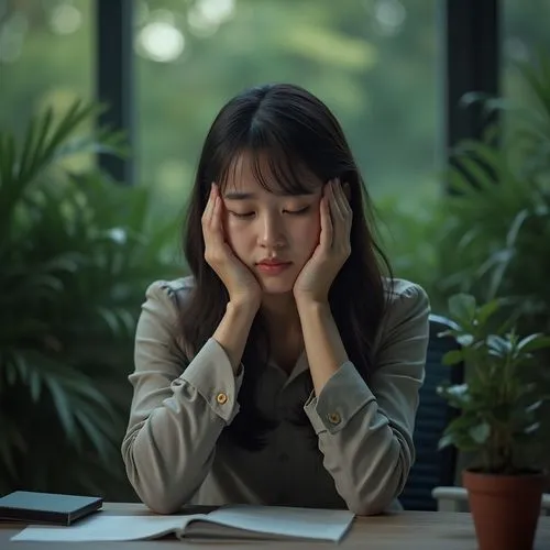 A tense 30-year-old Korean woman sitting at her office desk, her face showing signs of stress and exhaustion,a man in a jungle holding a sword,stressed woman,girl studying,hypomanic,yoeun,depressed wo