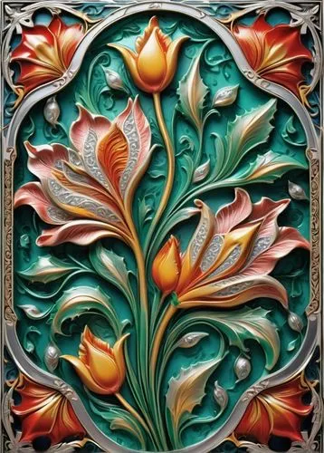 floral ornament,art nouveau frame,ceramic tile,majolica,art deco border,stained glass pattern,Illustration,Realistic Fantasy,Realistic Fantasy 43