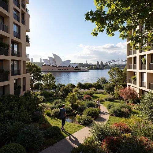 Vibrant Sydney Harbour, iconic Opera House, lush greenery, native Australian plants, blooming flowers, meandering walkways, modern social housing, brutalist architecture, concrete fa\u00e7ades, angula