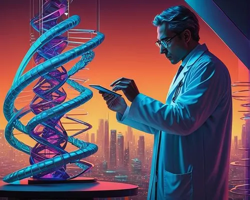 Futuristic DNA architecture, intricate molecular structure, helix-shaped skyscraper, glass and steel materials, sleek modern design, neon lights illuminating the exterior, vibrant colors, dynamic angl