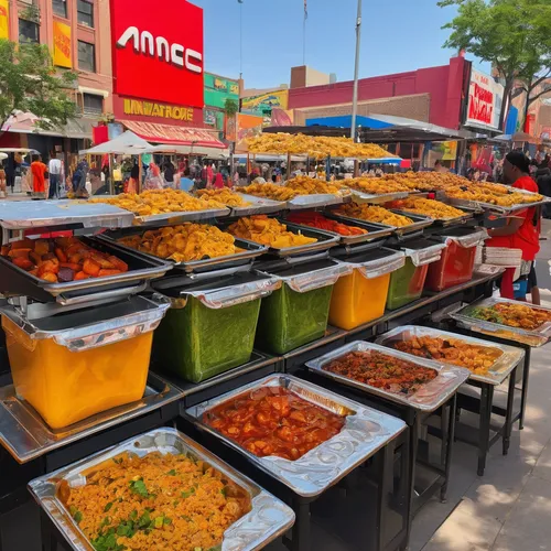 Transport yourself to a bustling street food market, showcasing a vibrant array of international flavors at AMC theater. 🌍🍜🍱,chile and frijoles festival,mexican foods,latin american food,southweste