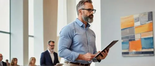 Middle-aged, muscular man, architect, professional attire, glasses, short hair, beard, holding a tablet, standing in front of a large screen displaying architectural design, press conference, modern i