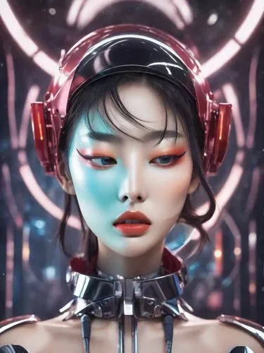 Japanese visual magazine cover called "EtherealAI", cover title designed by graphic designer Mark Farrow,1 Japanese girl model with futuristic look, eyes look at viewer, glossy props, cool metallic ma