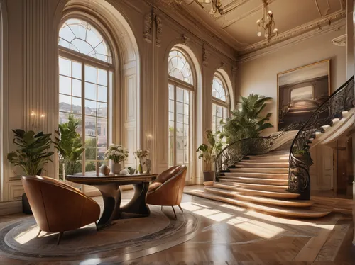 An entrance lobby of a Victorian building in san franasico with beautiful interior design and furniture, the interiors walls and ceilings, curves, inspired by the design of zaha hadid and snohetta the