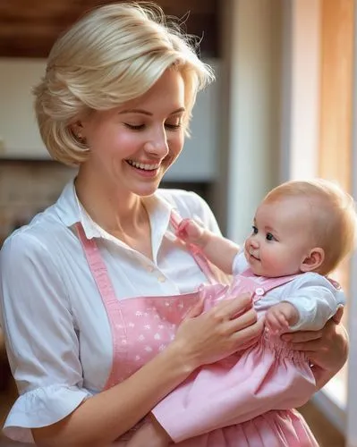 Cute mommy, smiling face, gentle eyes, short blonde hair, minimal makeup, sweet dimples, white blouse, pink skirt, apron, holding baby, tender moment, soft focus, warm lighting, cozy atmosphere, woode