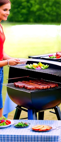 Outdoor party, summer afternoon, free barbecue event, cheerful atmosphere, people gathered around, sizzling meat on grill, smoke rising, colorful salads, cold beverages, picnic tables, checkered table