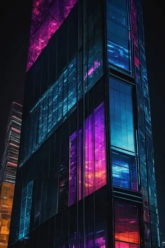 glass building,colored lights,tetris,hypermodern,colorful glass,colorful light,windows,techno color,abstract corporate,vdara,colorful facade,colorful city,glass facades,cybercity,cyberpunk,pc tower,noncorporate,glass wall,futuristic,prism,Conceptual Art,Fantasy,Fantasy 10