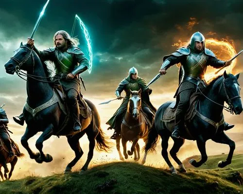 lord of the rings, the battle between rohan riders and mummakil on the fields of Pelennor,three men riding horses wearing armor and holding swords,rohirrim,horsemen,malazan,glorfindel,hammerfall,sinda