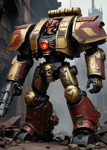 Warhammer 40k, Space Marines, Dreadnought, mech suit, imposing, powerful, mechanical legs, bulky torso, ornate armor, golden trim, red lenses, skull-like helmet, iconic wings on shoulder pads, battle-