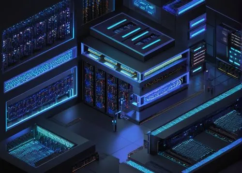 Elasticsearch architecture design, futuristic data center, complex network structure, multiple servers, CPUs, RAMs, hard drives, cables, blue lights, metallic materials, modern minimalism, 3D isometri