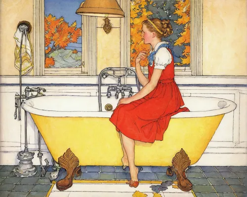 the girl in the bathtub,kate greenaway,bathtub,bathing,vintage illustration,bath,cinderella,bathing shoes,washbasin,girl in the kitchen,wash basin,autumn chores,the little girl's room,woman at the well,taking a bath,art nouveau,bath with milk,basin,tub,1906,Illustration,Realistic Fantasy,Realistic Fantasy 04