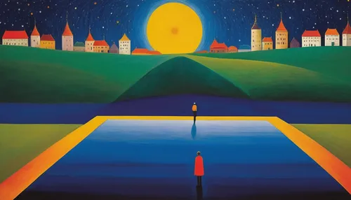 travel poster,night scene,guiding light,parallel worlds,italian poster,cd cover,panoramical,torch-bearer,pedestrian lights,cover,lamplighter,sci fiction illustration,parallel world,the mystical path,travelers,mystery book cover,distant vision,the pillar of light,beacon,light of night,Art,Artistic Painting,Artistic Painting 26