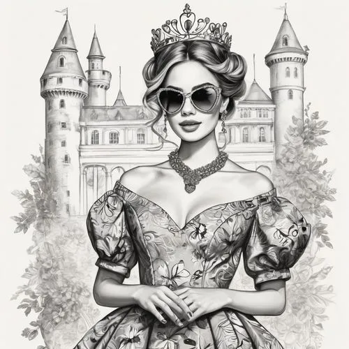 noblewoman,victorian lady,archduchess,victoriana,princess sofia,fairy tale character,Illustration,Black and White,Black and White 30