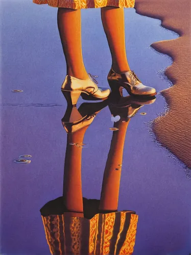 surrealism,el salvador dali,surrealistic,shoefiti,witch's legs,dali,escher,women's legs,reflection in water,girl upside down,woman's legs,rubber boots,moon boots,water shoe,clogs,parallel worlds,rollerblades,puddle,levitation,morning illusion,Illustration,Retro,Retro 15