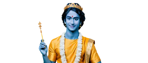 Lord Krishna, Indian deity, blue skin, crown with peacock feathers, yellow dhoti, golden ornaments, holding flute, gentle smile, serene eyes, standing in a relaxed posture, soft focus, warm lighting, 