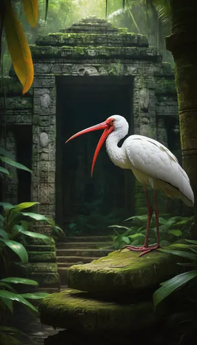 Imagine a curious white ibis exploring an ancient Mayan temple hidden deep within a tropical rainforest.,white ibis,red-crowned crane,fujian white crane,ivory-billed woodpecker,white-naped crane,ibis,