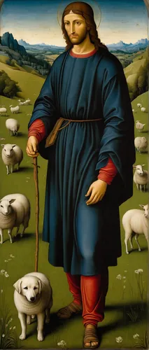 the good shepherd,east-european shepherd,good shepherd,shepherd,pyrenean shepherd,raffaello da montelupo,the sheep,male sheep,st. bernard,merino sheep,wool sheep,shepherd dog,shepherds,anellini,shear sheep,church painting,bolognese,tamburello,christian,sheep,Art,Classical Oil Painting,Classical Oil Painting 22