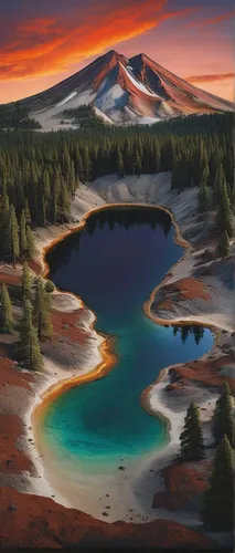 Describe the breathtaking landscapes of Lassen Volcanic National Park.,lassen volcanic national park,crater lake,trillium lake,volcanic landscape,volcanic lake,salt meadow landscape,mount hood,cinder 