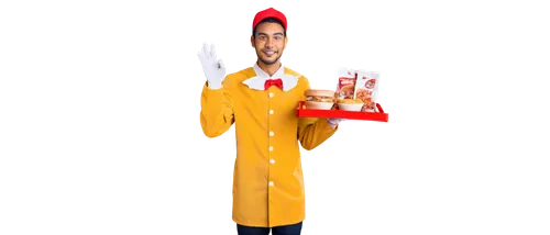 Jollibee mascot, bright yellow bee costume, red hat, big smile, happy eyes, white gloves, holding a tray of food, Filipino fast-food icon, standing pose, 3/4 composition, vibrant colors, soft focus, s